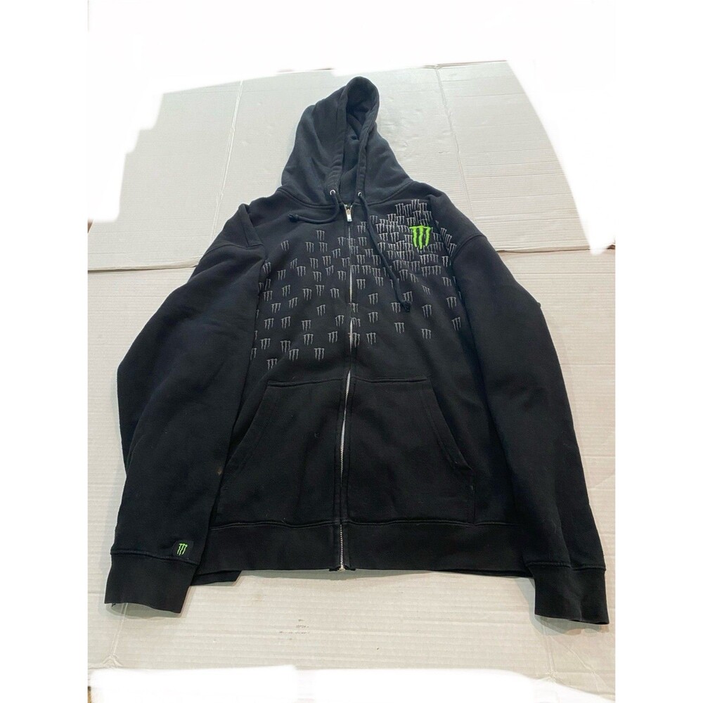 Monster Energy Hoodie Mens XL Black Y2K Full Zip Fleece EUC